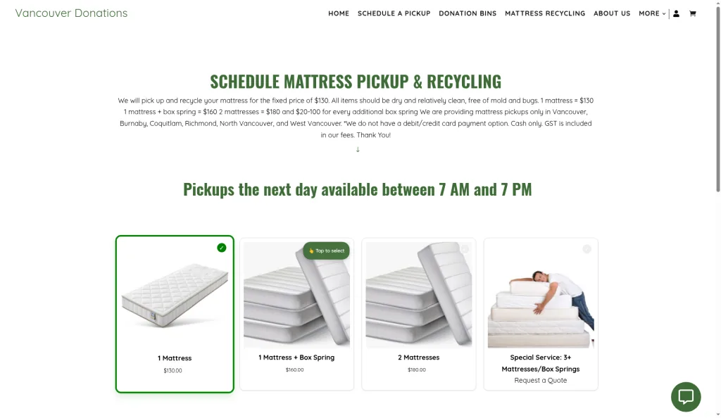 Vancouver Donations shop or pricing page