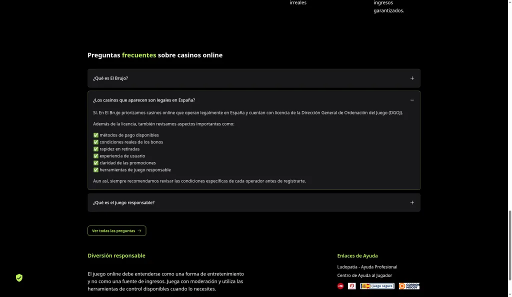 Open FAQ accordion on El Brujo Online