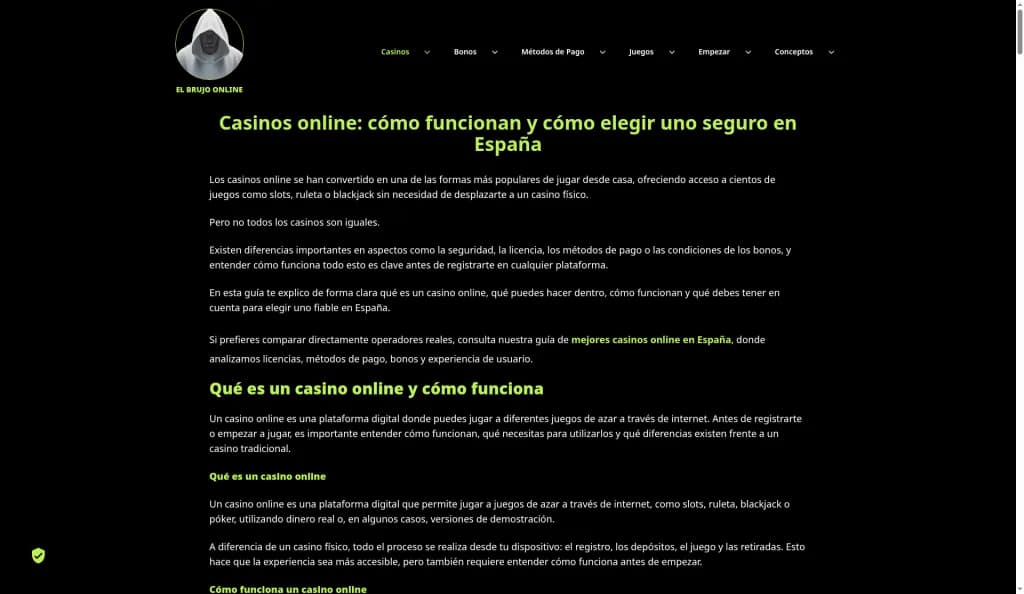 Inner guide page on El Brujo Online