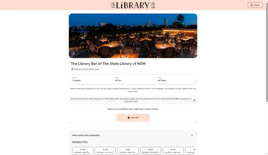 Library Bar booking page